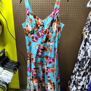 Floral Sleeveless Dress - Blue and Orange
